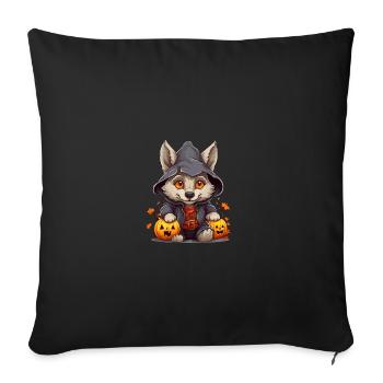 Cute Little Halloween Wolf With Pumpkin Lanterns - Throw Pillow Cover 17.5” x 17.5” - black - Front