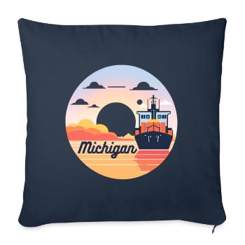 Michigan Boat with Sunset - Throw Pillow Cover 17.5” x 17.5” - navy - Front