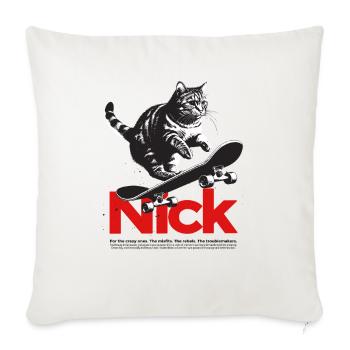 Cool Cat Skateboard with cute Boy Name NICK - Throw Pillow Cover 17.5” x 17.5” - natural white - Front