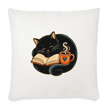 Cozy Cat Reading With Coffee - Throw Pillow Cover 17.5” x 17.5” - natural white - Front