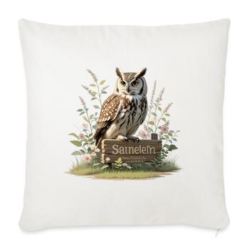Owl on Rustic Sign Amid Flowers - Throw Pillow Cover 17.5” x 17.5” - natural white - Front