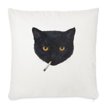 Black Cat Head with Cigarette Illustration - Throw Pillow Cover 17.5” x 17.5” - natural white - Front