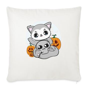 Cute Kawaii Wolf With Pumpkin For Otaku Halloween - Throw Pillow Cover 17.5” x 17.5” - natural white - Front