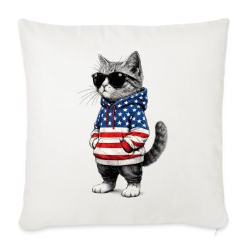 Cool Patriotic American Flag Cat - Throw Pillow Cover 17.5” x 17.5” - natural white - Front