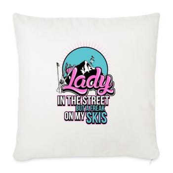 Skiing Lady in the street but a freak on my skis - Throw Pillow Cover 17.5” x 17.5” - natural white - Front
