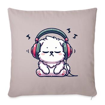 Chill Puppy with Headphones Illustration - Throw Pillow Cover 17.5” x 17.5” - light taupe - Front