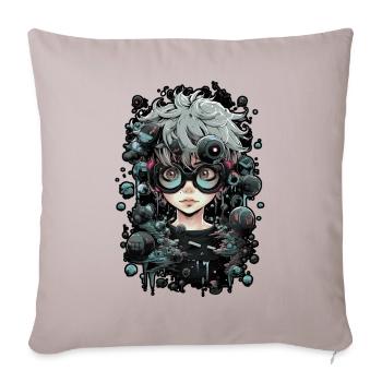 Cyber cute girl with glasses, manga, grey hair, - Throw Pillow Cover 17.5” x 17.5” - light taupe - Front