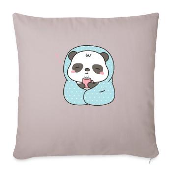 Cute Sleepy Panda With Coffee And Blanket - Throw Pillow Cover 17.5” x 17.5” - light taupe - Front