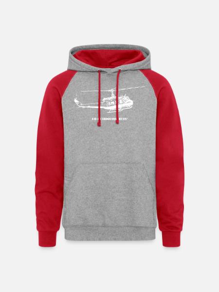 Huey Shadow Helicopter Silhouette - Unisex Colorblock Hoodie - heather grey/red