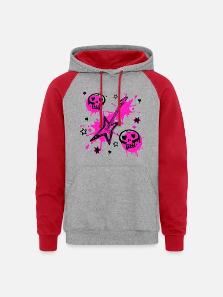 Neon Skull Guitar Splash - Unisex Colorblock Hoodie - heather grey/red