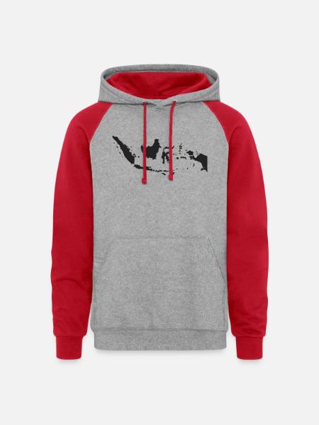 Indonesia Map in Black - Unisex Colorblock Hoodie - heather grey/red
