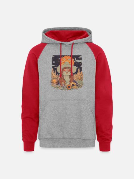 Mystic Sunflower Dreamer Illustration - Unisex Colorblock Hoodie - heather grey/red