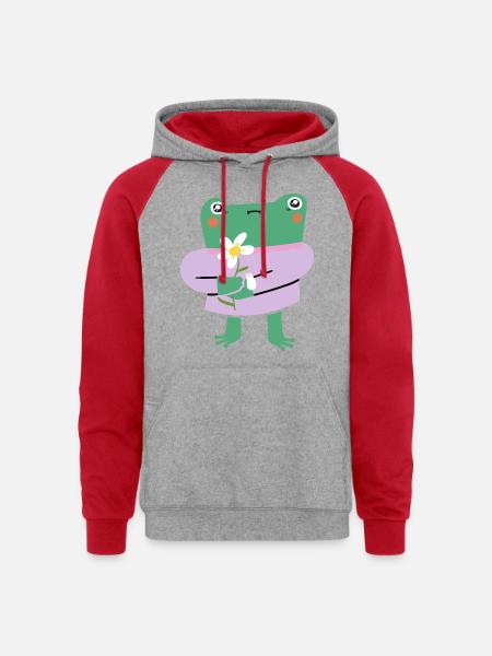 Shy Frog with Flower - Unisex Colorblock Hoodie - heather grey/red