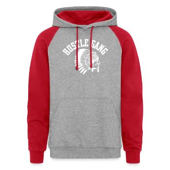 Hustle Gang Black Size Hustle T Shirts - Unisex Colorblock Hoodie - heather grey/red - Front - AI Model Male 185 dark (185cm) & AI Model Female 180 light (180cm)