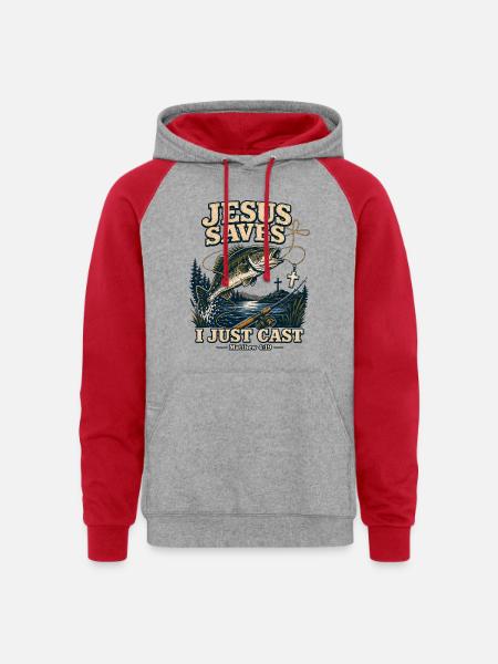 Jesus Saves I Just Cast Christian Fishing - Unisex Colorblock Hoodie - heather grey/red