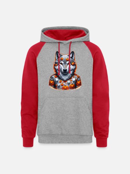 halloween wolf - Unisex Colorblock Hoodie - heather grey/red