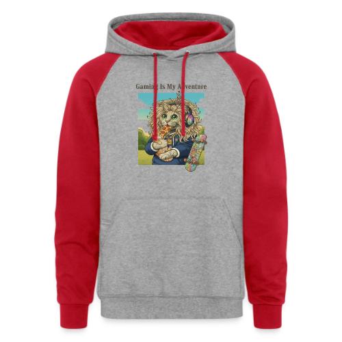 Gaming Cat Adventure: Pizza & Skates - Unisex Colorblock Hoodie