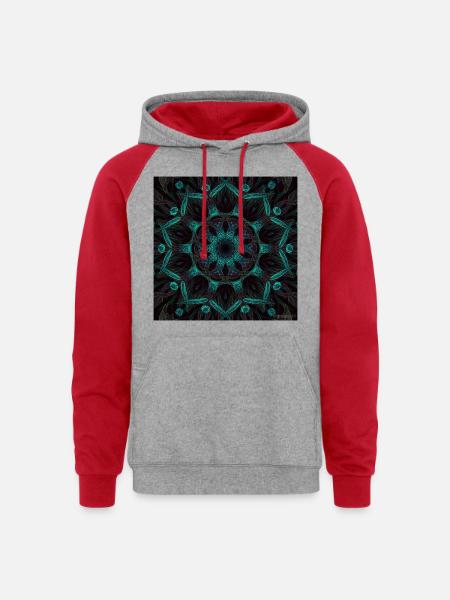 Neon Mandala Fractal Bloom - Unisex Colorblock Hoodie - heather grey/red
