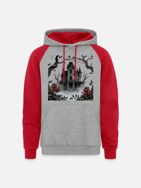 Gothic Manor in Mist - Unisex Colorblock Hoodie - heather grey/red