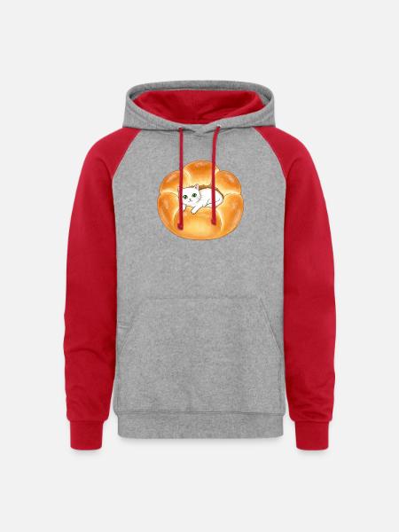Whimsical Cat in Bread Illustration - Unisex Colorblock Hoodie - heather grey/red