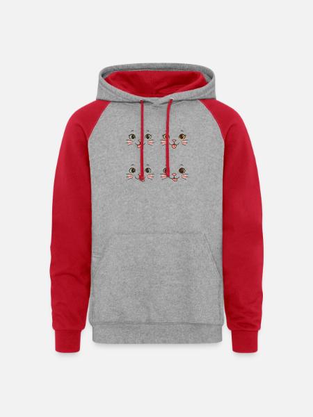 Four Playful Cat Faces - Unisex Colorblock Hoodie - heather grey/red