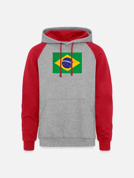 Brazil Flag Rustic Emblem - Unisex Colorblock Hoodie - heather grey/red