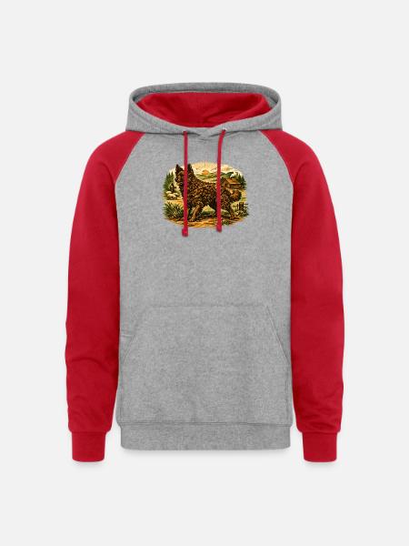 Rustic Shepherd at Sunset Farm - Unisex Colorblock Hoodie - heather grey/red