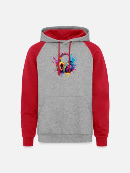 Neon Splash Headphones Art - Unisex Colorblock Hoodie - heather grey/red