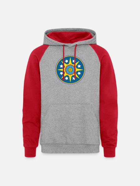 Solar Starburst Emblem Circle - Unisex Colorblock Hoodie - heather grey/red