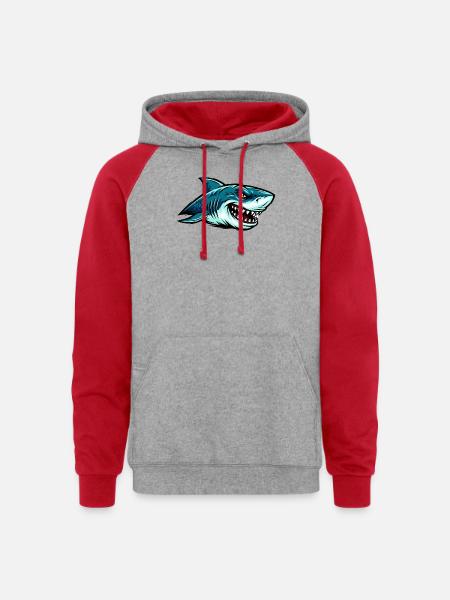 Shark Fury Illustration - Unisex Colorblock Hoodie - heather grey/red