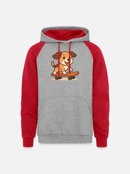 Dog roller skating - Unisex Colorblock Hoodie - heather grey/red