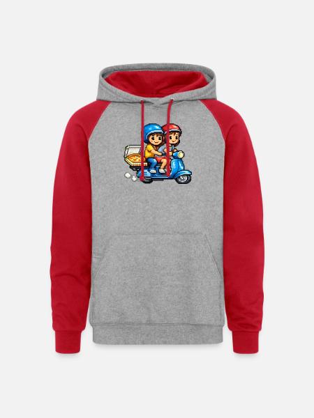 Boy and Girl on Vespa with Pizza! - Unisex Colorblock Hoodie - heather grey/red