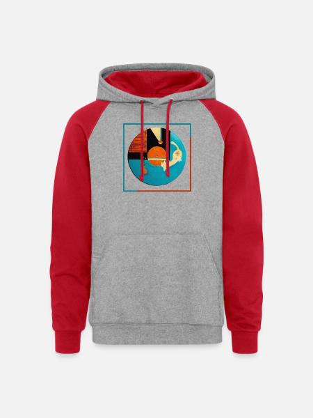 Abstract Cat Orbit Circle - Unisex Colorblock Hoodie - heather grey/red