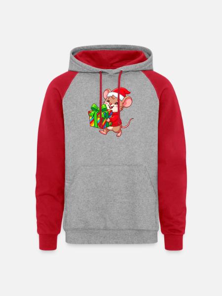 Cheerful Holiday Mouse Gift - Unisex Colorblock Hoodie - heather grey/red
