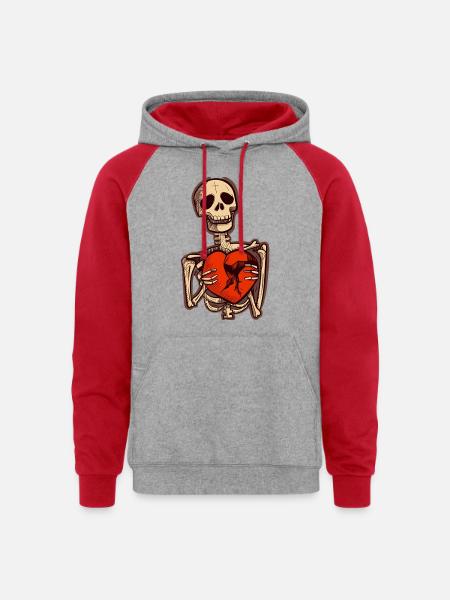 Sad Skeleton Holding Broken Heart - Unisex Colorblock Hoodie - heather grey/red