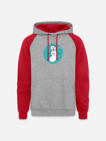 Whimsical Snowman on Cyan Swirl - Unisex Colorblock Hoodie - heather grey/red
