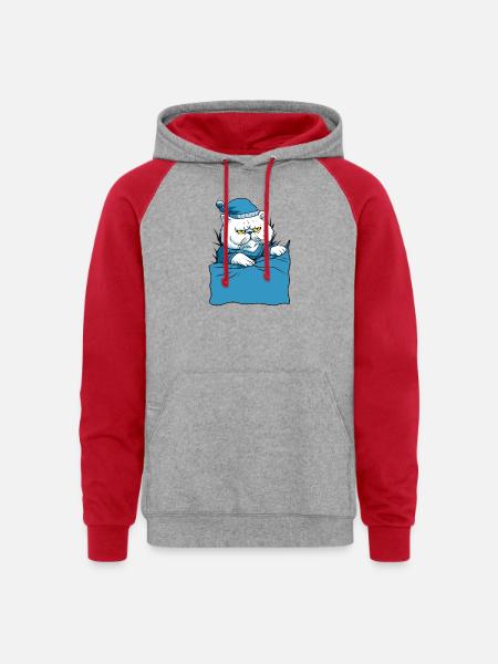 Grumpy Blue Pajama Cat - Unisex Colorblock Hoodie - heather grey/red