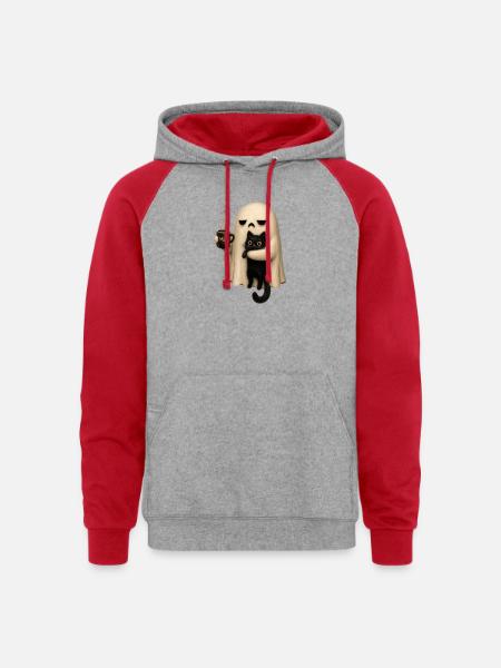 Meh Ghost and Cat Mug - Unisex Colorblock Hoodie - heather grey/red