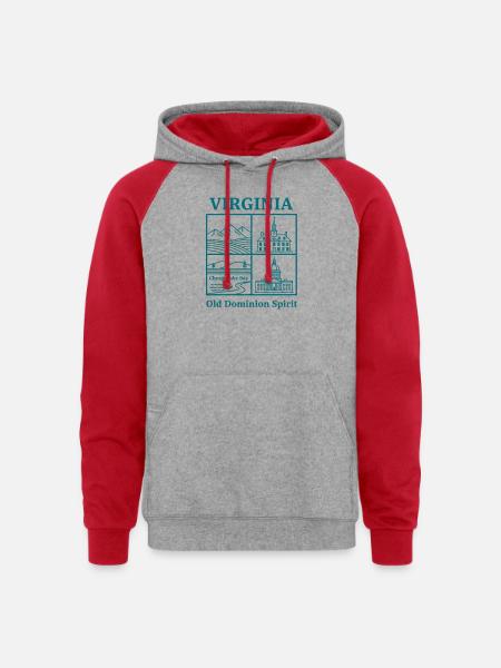 Virginia Vista: Mountains, Bay and Capitol - Unisex Colorblock Hoodie - heather grey/red