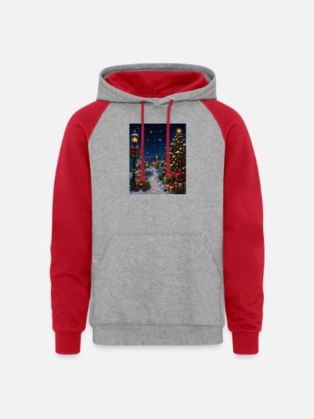 Snowlit Christmas Village - Unisex Colorblock Hoodie - heather grey/red