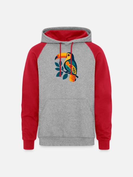 Bold Tropical Toucan Art - Unisex Colorblock Hoodie - heather grey/red