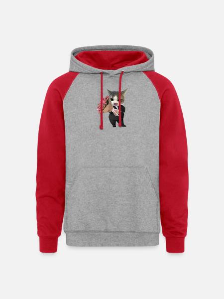 Cat in Suit with Bouquet - Unisex Colorblock Hoodie - heather grey/red