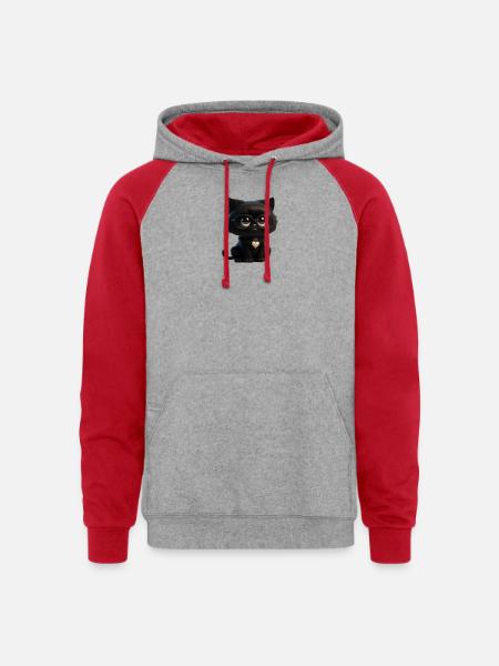 Black Kitty Glasses Heart Pendant - Unisex Colorblock Hoodie - heather grey/red