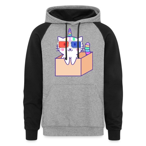 Unicorn cat with 3D glasses doing Vision Therapy! - Unisex Colorblock Hoodie