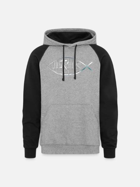 JESUS FISH SILVER - Unisex Colorblock Hoodie - heather gray/black