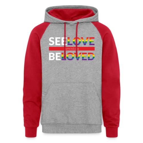 See Love, Be Loved at FUMCSD (white letters) - Unisex Colorblock Hoodie