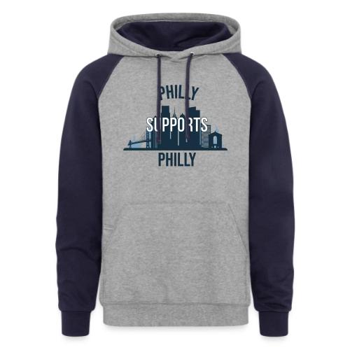 Philly Supports Philly skyline blue transparentbg - Unisex Colorblock Hoodie