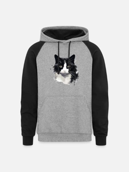 Tuxedo Cat Face - Unisex Colorblock Hoodie - heather gray/black