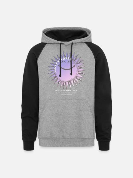 SmileyWorld Smiling Sun In Purple - Unisex Colorblock Hoodie - heather gray/black