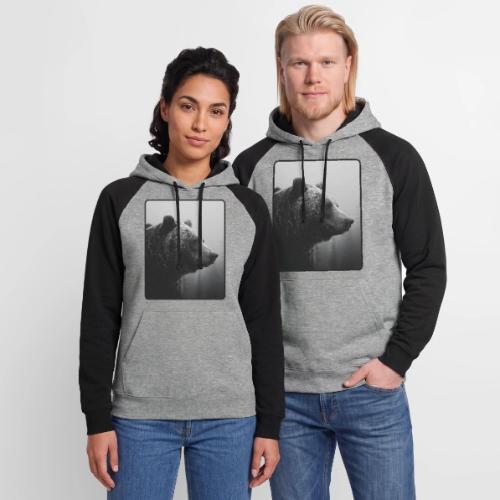 Grizzly Bear Black White Portrait Design - Unisex Colorblock Hoodie